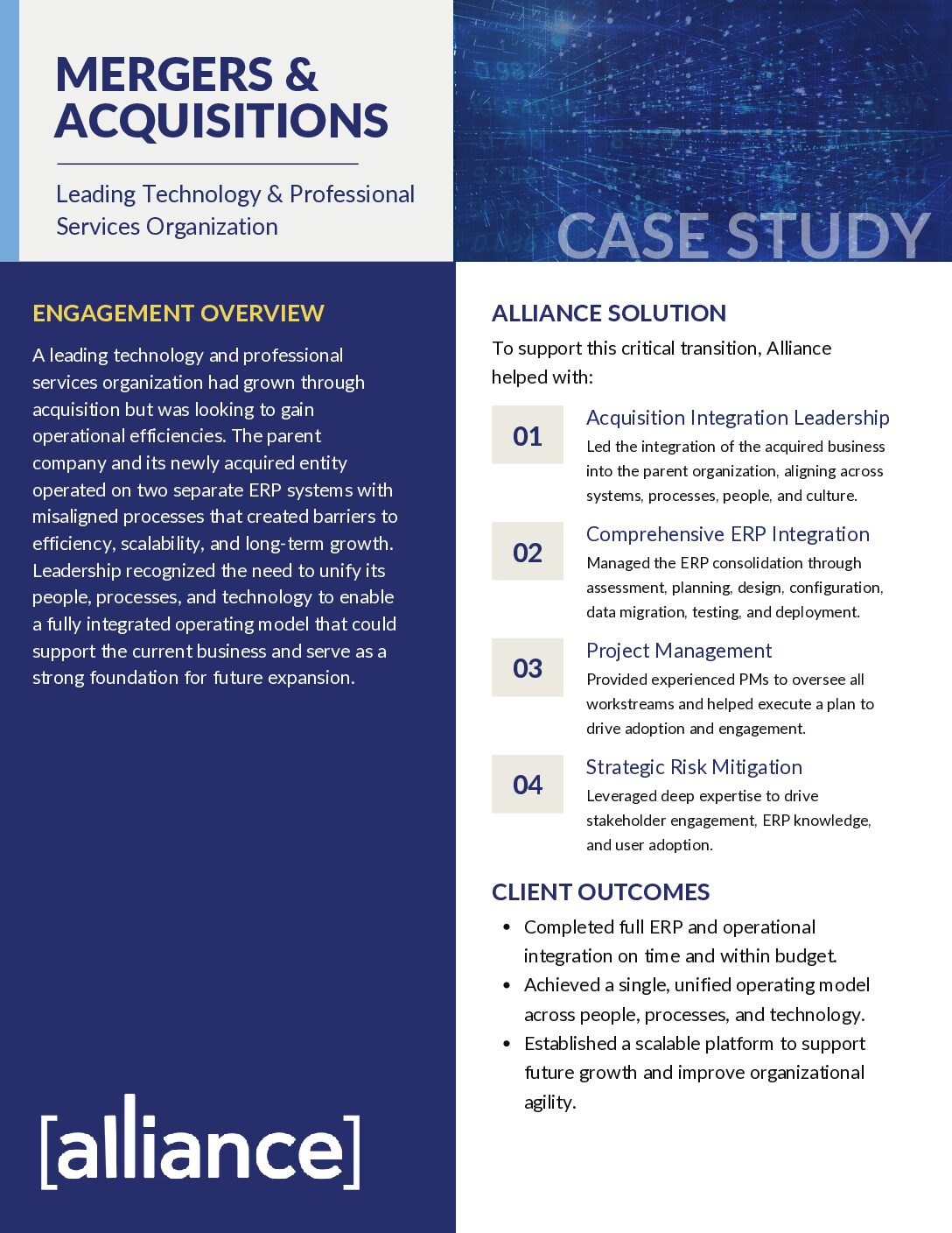Alliance – Case Study – Mergers & Acquisitions – Leading Tech & Professional Services Organization Mergers + Acquisitions Case Study Thumbnail