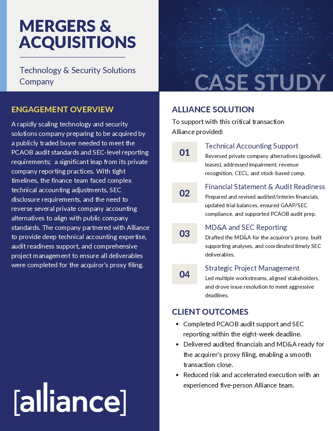 Alliance – Case Study – Mergers & Acquisitions – Technology & Security Solutions Company Mergers + Acquisitions Case Study Thumbnail