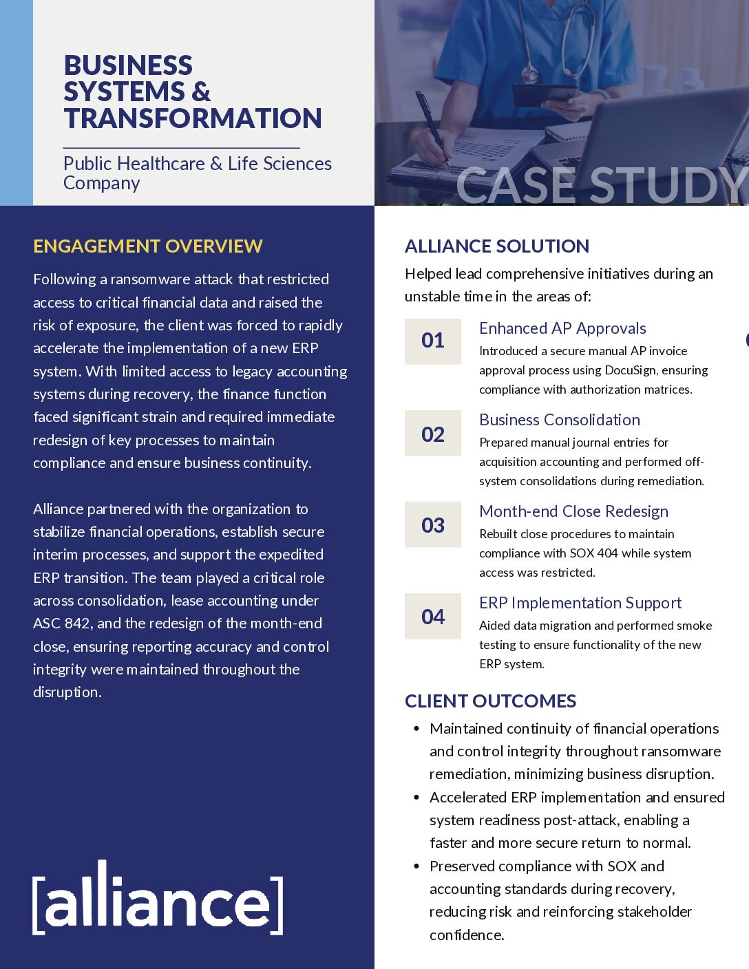 Alliance – Case Study – – Public Healthcare & Life Sciences Company Business Systems + Transformation Case Study Thumbnail