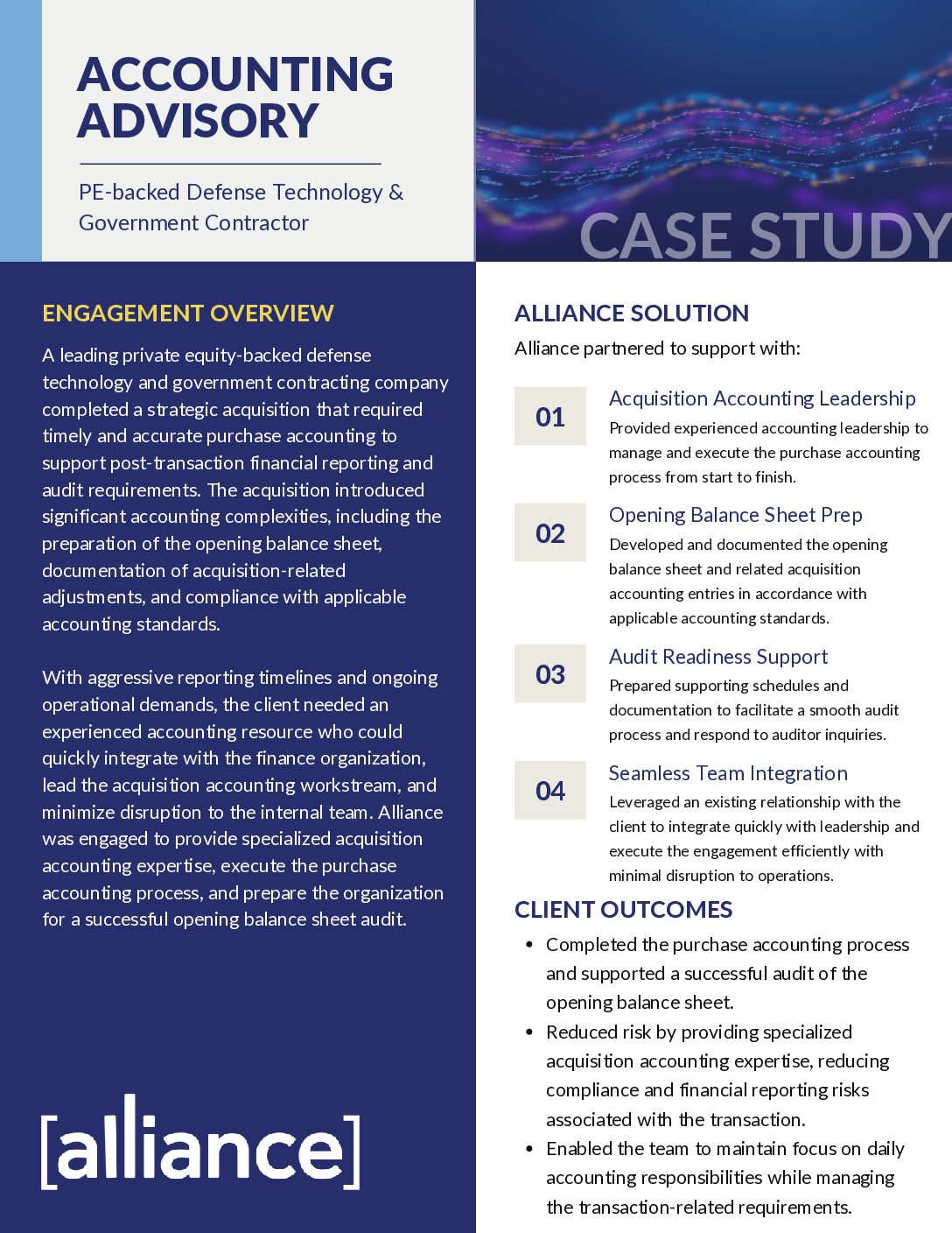 Alliance – Case Study – Accounting Advisory – PE-backed Defense Technology & Government Contractor Accounting Advisory Case Study Thumbnail