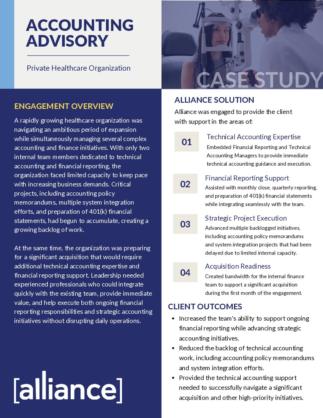 Alliance – Case Study – Accounting Advisory – Private Healthcare Organization Accounting Advisory Case Study Thumbnail