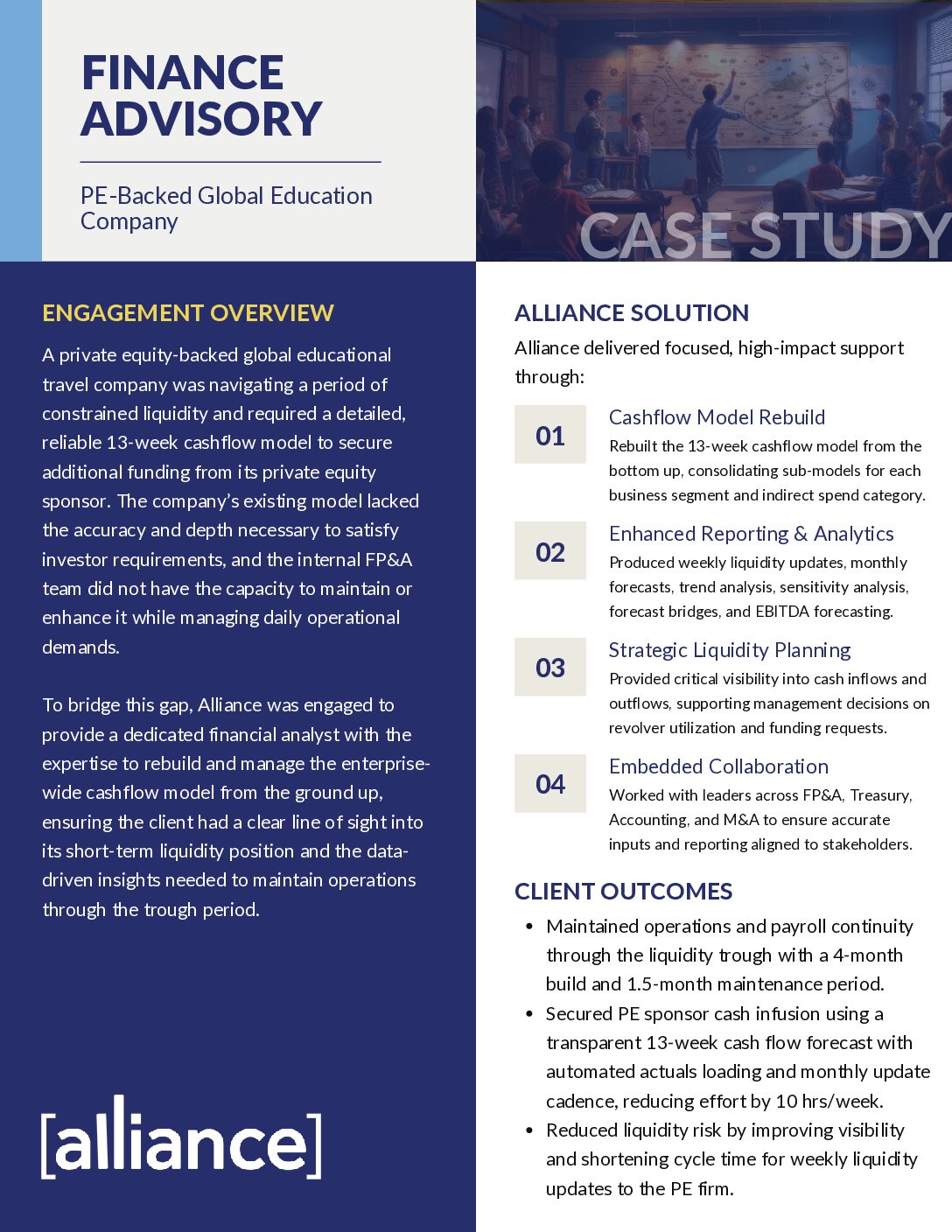 Alliance – Case Study – Finance Advisory – PE-Backed Global Education Company Finance Advisory Case Study Thumbnail Image